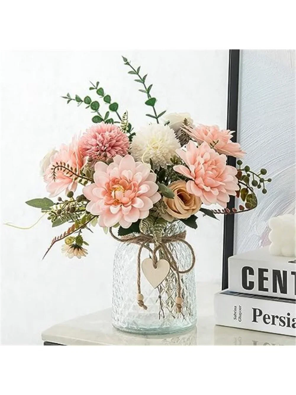 Artificial Flowers With Vase Pink Silk Roses Hydrangea Dahlia Table Centerpiece